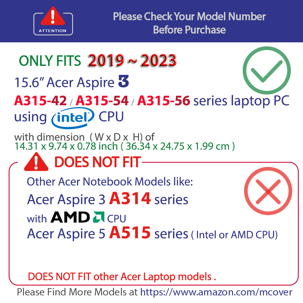 mCover Hard Shell case for Acer Aspire 3 A315-56 series laptop with Intel CPU